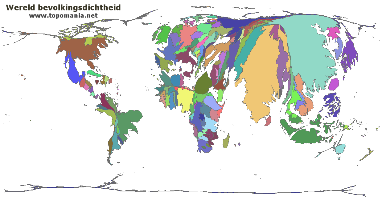 Cartogram van de wereld bevolkingsdichtheid